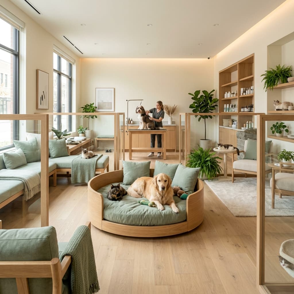 Inside the soothing cage-free Bark & Bathe Lounge